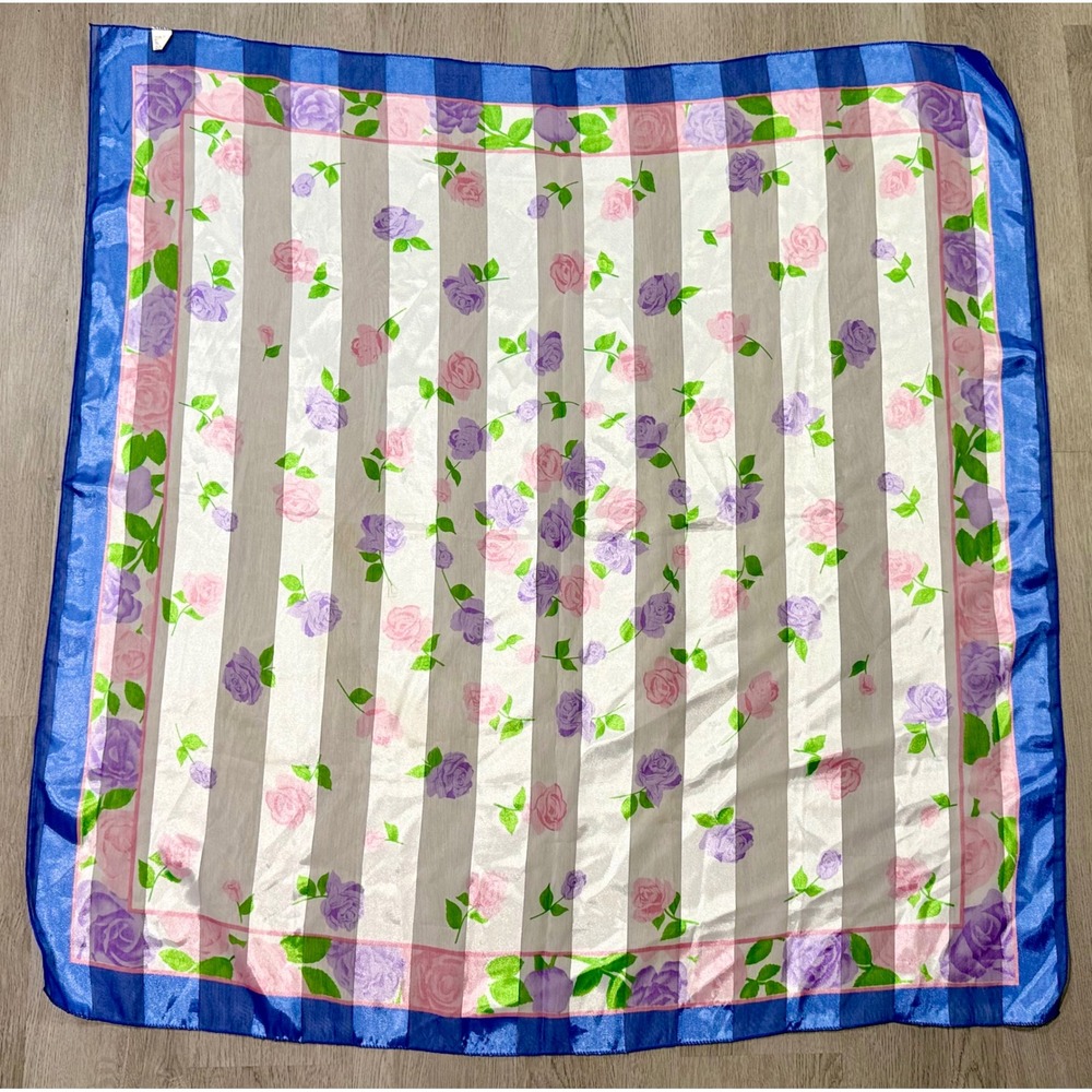 Vintage Floral Square Scarf Women OS Blue Rose Striped Sheer Boho Made in Korea - Picture 2 of 6